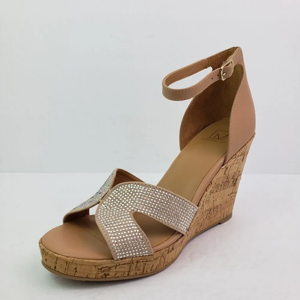 Material Girl Bretta Womens Size 9.5 Nude Bling Open Toe Cork Wedge Sandal Shoes